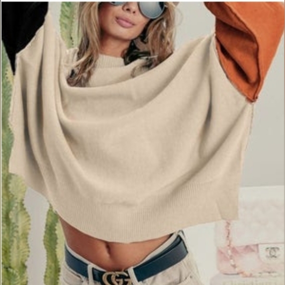 Bibi Bubble Sleeve Colorblock Sweater - Cream, Black, and Pumpkin Sz XL